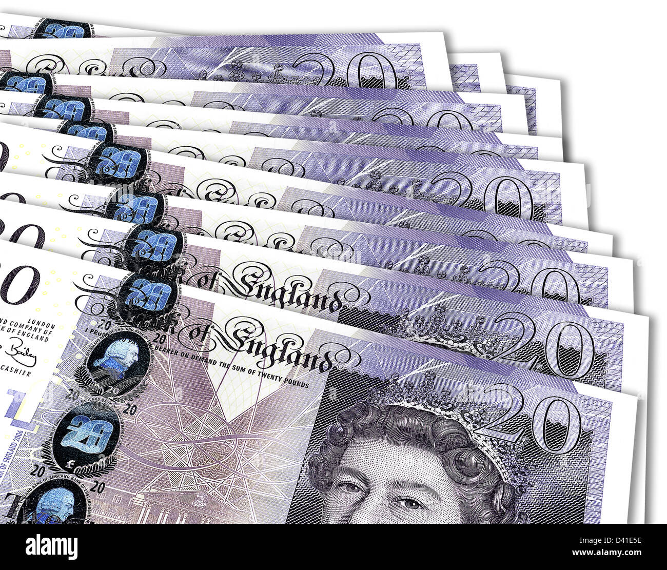 Zwanzig Pfund-Noten aufgefächert, Overlaping einander, in Höhe von insgesamt 200 £. Stockfoto