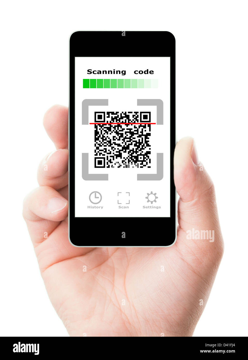 Smartphone in der hand Scan Codes, isoliert auf weiss Stockfoto