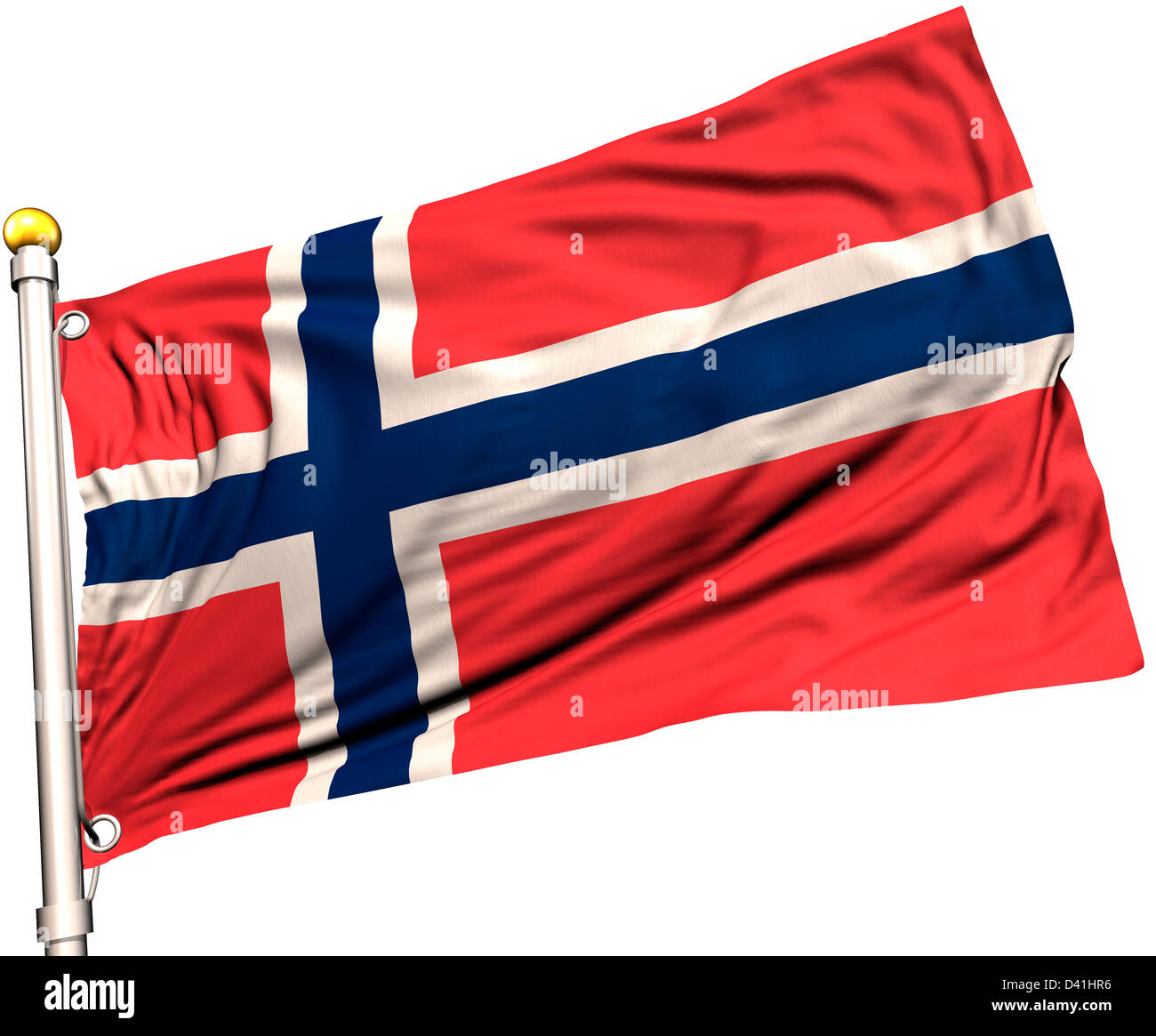 Norwegen Flagge auf eine Fahnenstange. Clipping-Pfad enthalten. Sichtbar auf die Flagge 100 % Seide Textur. Stockfoto