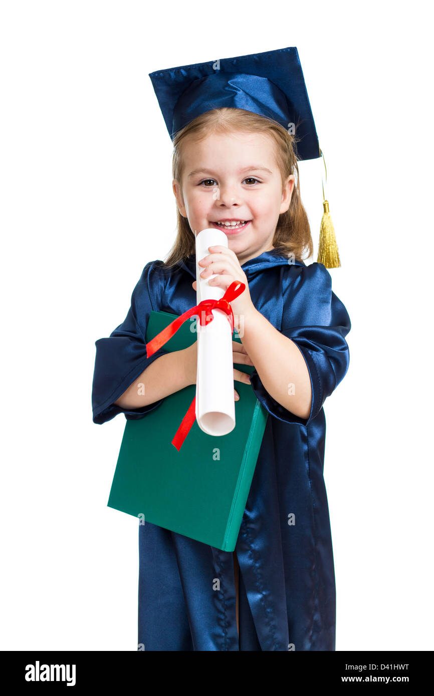 Kleines Mädchen Kind in Akademiemitglied Kleidung Buch Stockfoto
