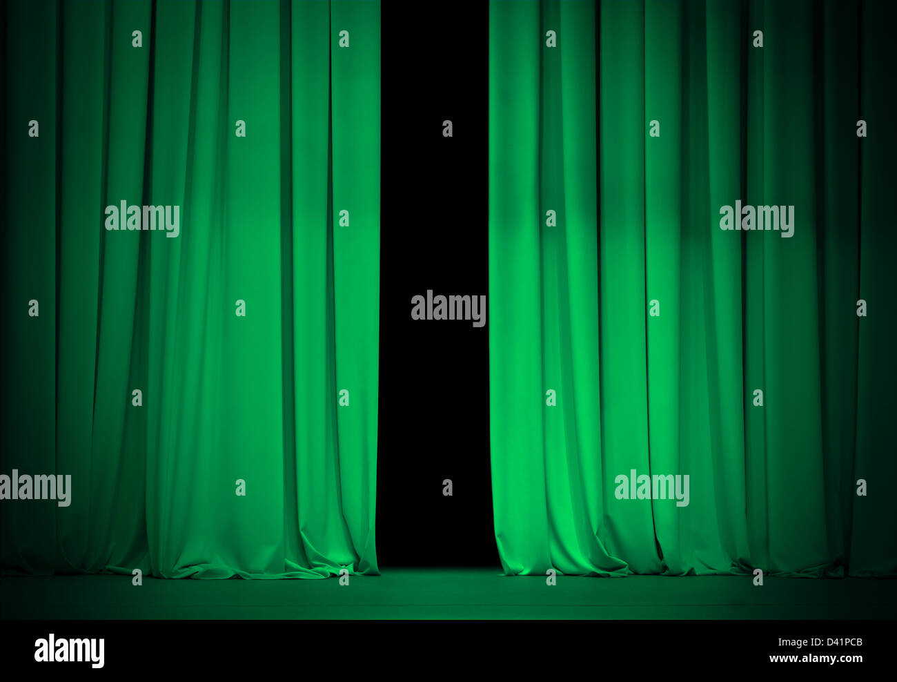 Grün oder Smaragd Vorhang für Theater oder Kino Bühne leicht geöffnet Stockfoto
