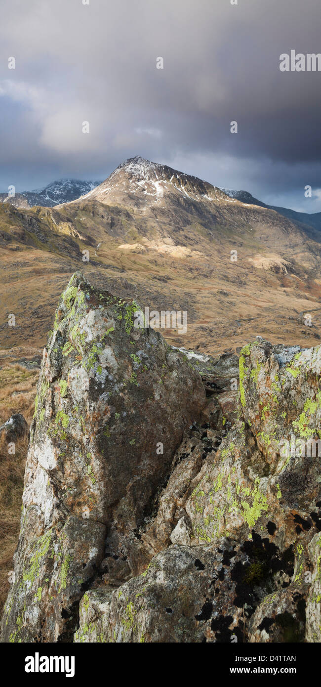 Crib Goch und Snowdon von Moel Berfedd Stockfoto