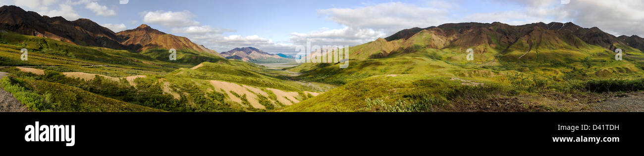 Panoramablick vom Polychrome Pass, Denali National Park, Alaska, USA Stockfoto