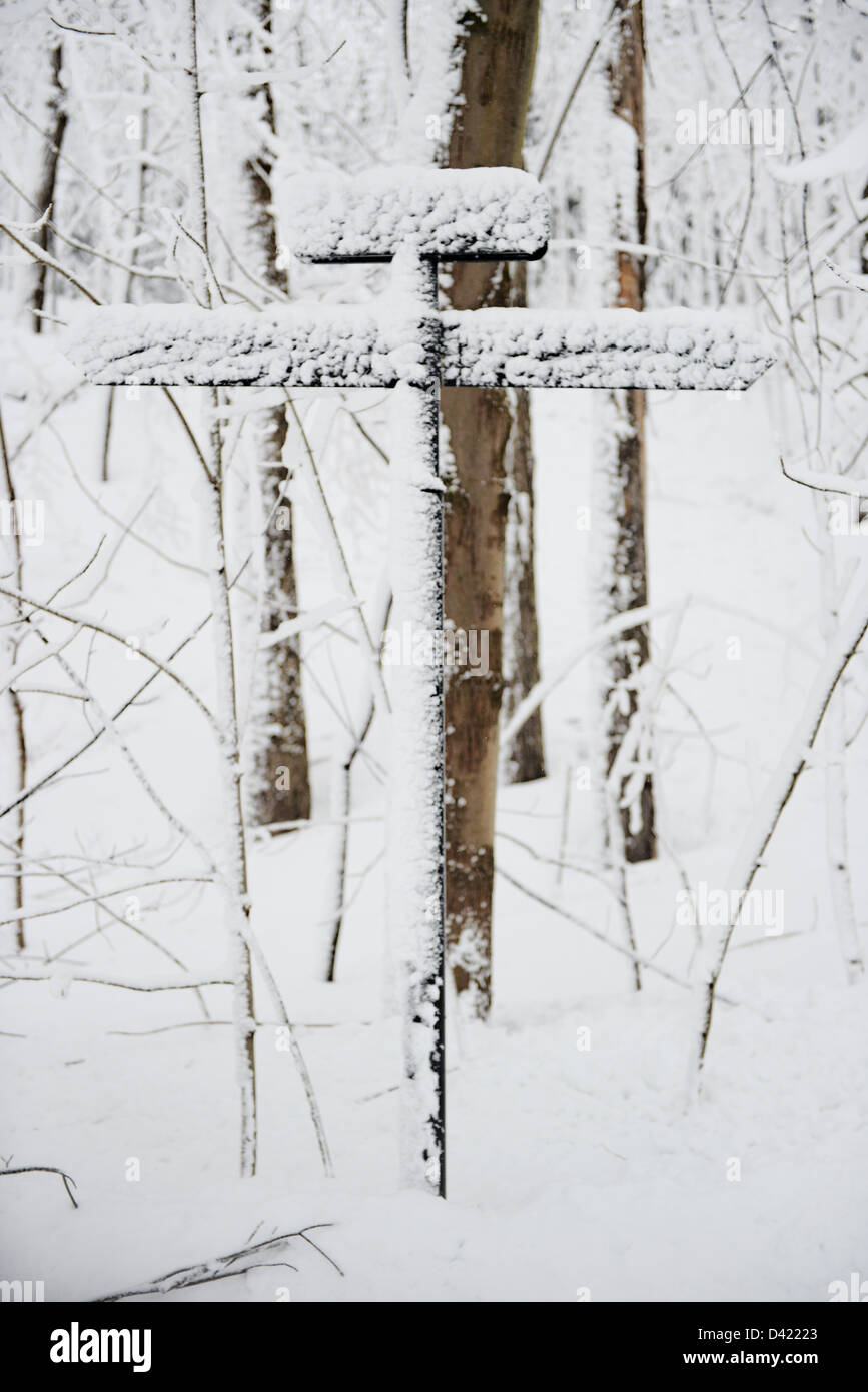 Schneebedeckte Wegweiser im Mont Royal Park im Winter, Parc du Mont-Royal, Montreal, Quebec, Kanada Stockfoto