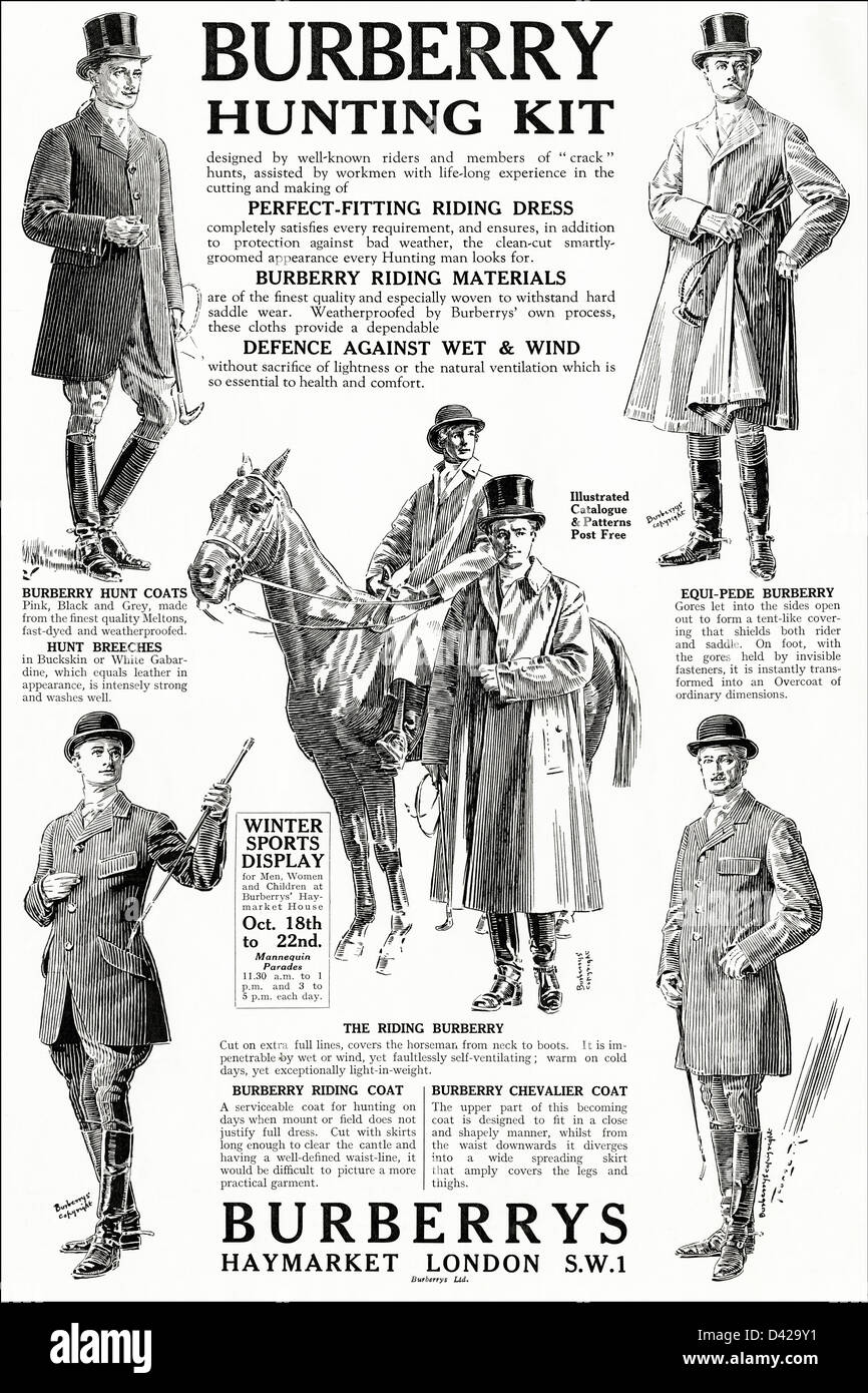 Original 1920er Jahre Vintage Printwerbung aus englischer Country Gentleman Zeitung Werbung BURBERRY Jagd KIT für Herren & Damen der Haymarket-London Stockfoto