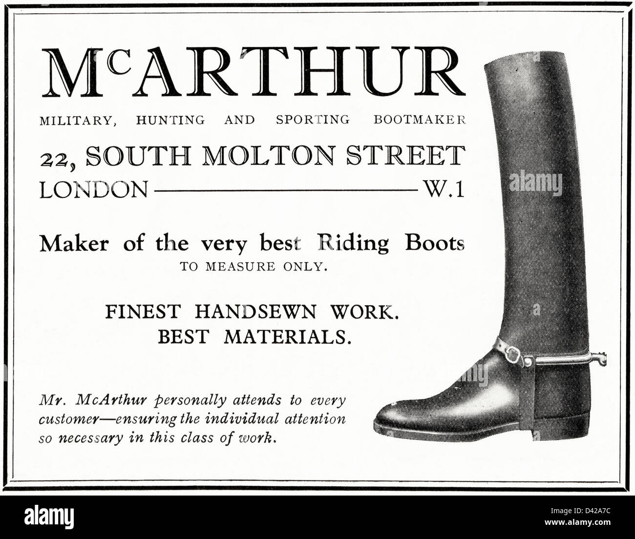 Original 1920er Jahre Vintage Print-Werbung aus englischen Country Gentleman's Zeitung Werbung McArthur militärische Reiten Jagd & Sport Bootmaker von South Molton Street London Stockfoto