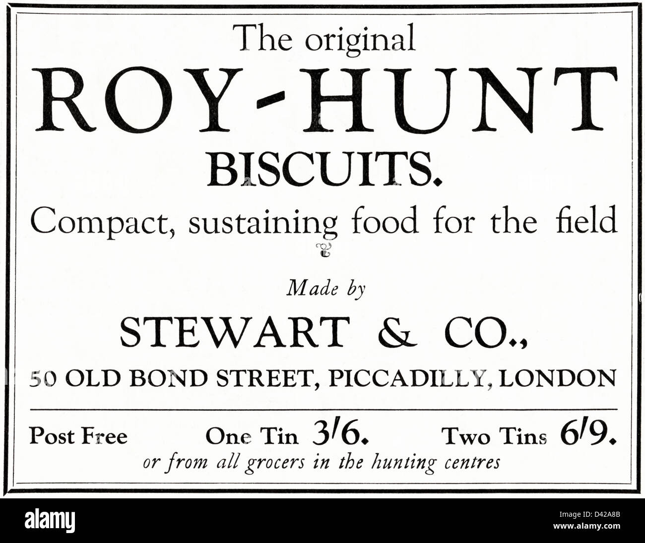 Original 1920er Jahre Vintage Printwerbung aus englischer Country Gentleman Zeitung Werbung Roy-Jagd-Kekse von Stewart & Co of Old Bond Street Piccadilly London Stockfoto