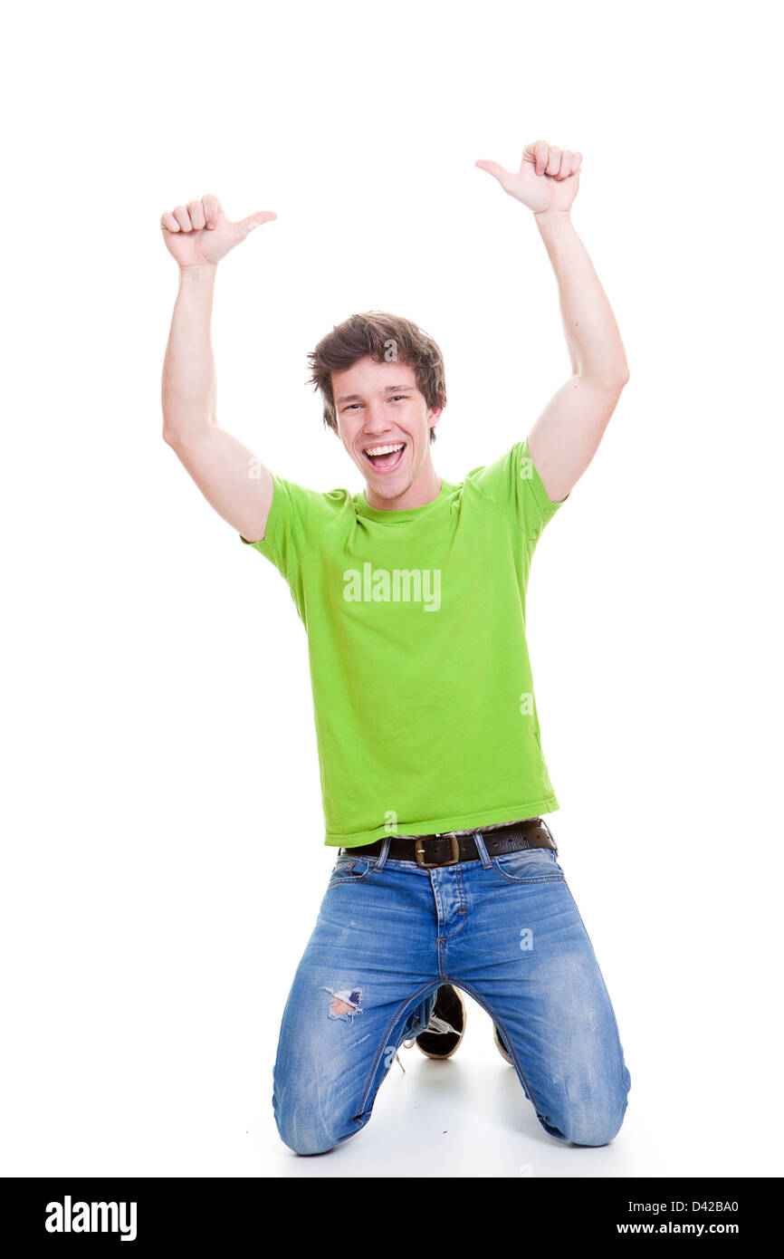 glücklich lächelnd positive erfolgreiche studentische Daumen hoch für Erfolg Stockfoto