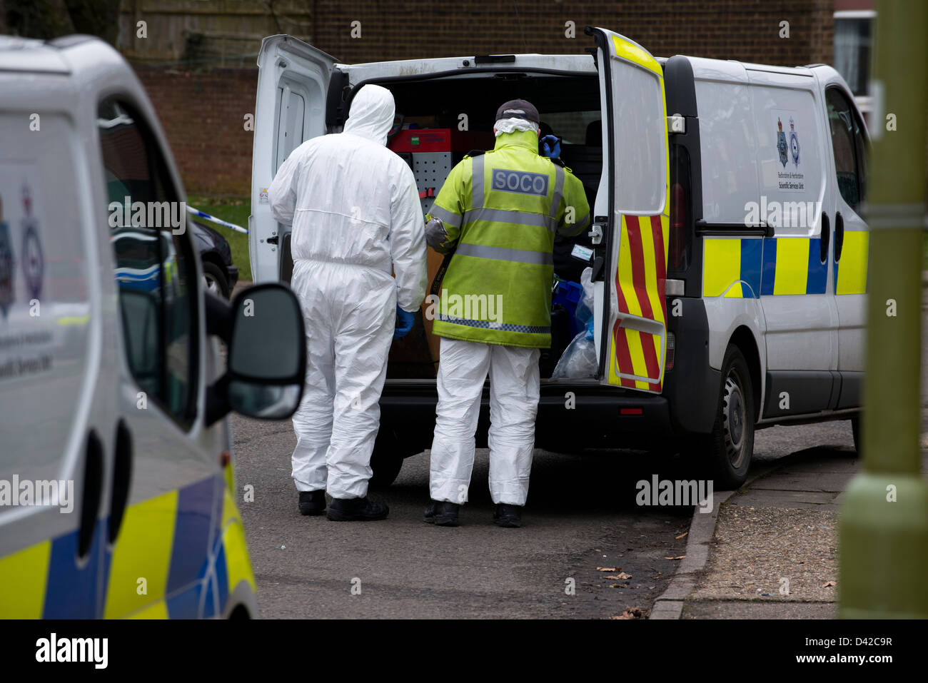 Tatort in Hemel Hempstead, Hertfordshire. Ein Körper eines Mannes in seinem 60er im Hause verbrannt gefunden wurde. Stockfoto