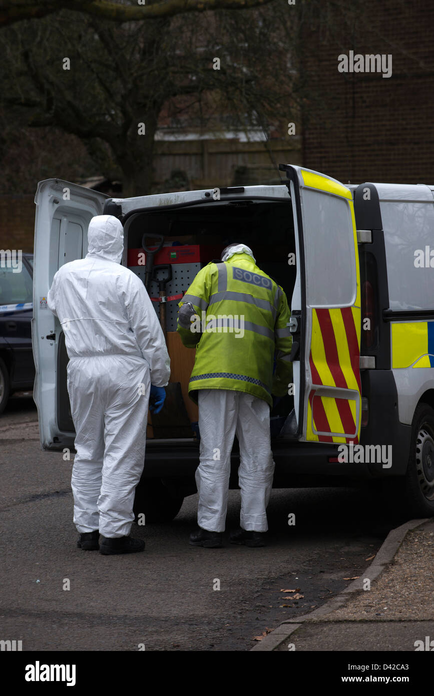 Tatort in Hemel Hempstead, Hertfordshire. Ein Körper eines Mannes in seinem 60er im Hause verbrannt gefunden wurde. Stockfoto