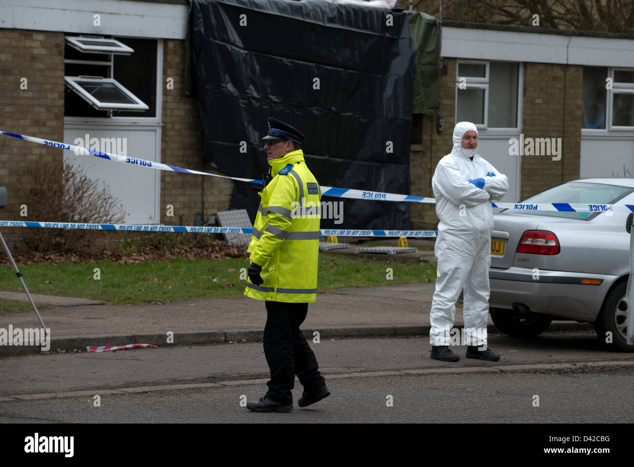 Tatort in Hemel Hempstead, Hertfordshire. Ein Körper eines Mannes in seinem 60er im Hause verbrannt gefunden wurde. Stockfoto