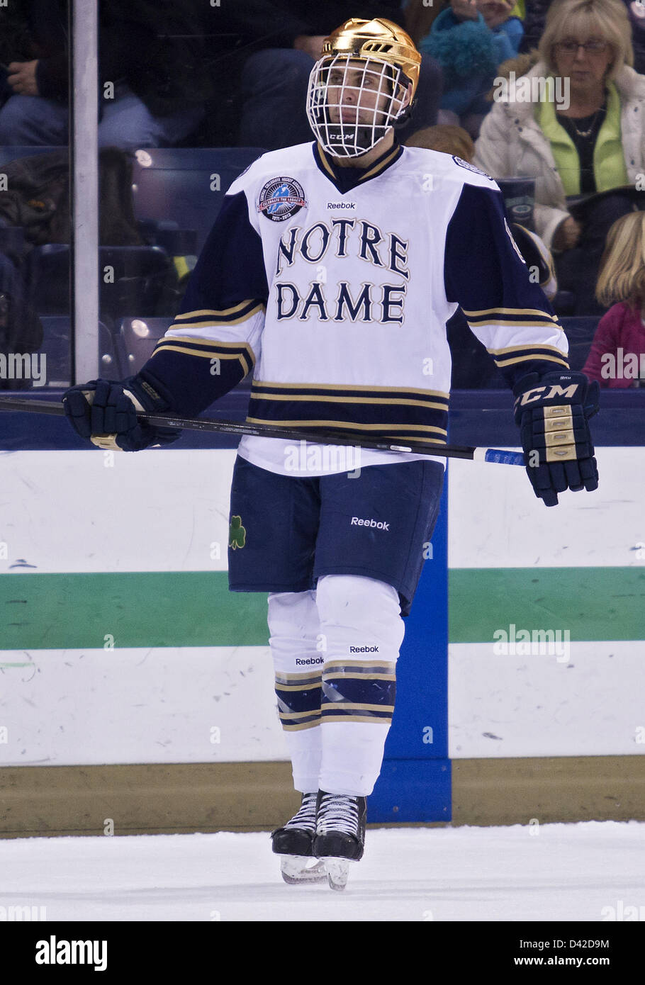 1. März 2013 - South Bend, Indiana, Vereinigte Staaten von Amerika - 1. März 2013: Notre Dame Verteidiger Sam Calabrese (8) während der NCAA Hockey Spiel Action zwischen den Notre Dame Fighting Irish und Bowling Green Falcons in Compton Familie Ice Arena in South Bend, Indiana. Notre Dame besiegte Bowling Green 4-3. Stockfoto