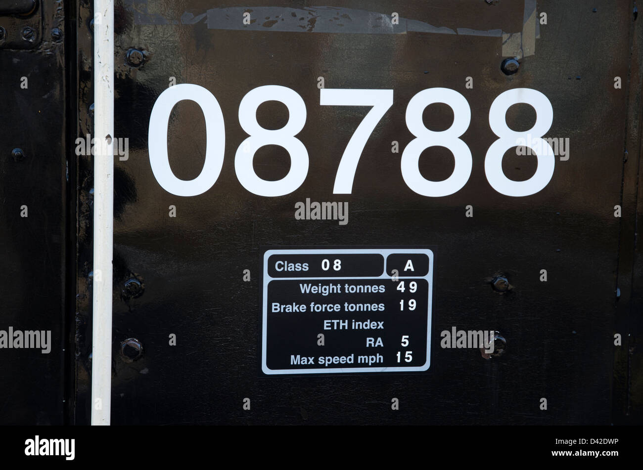 08788 Klasse 08; dieselelektrische; Rangierlok; Caledonian Sleeper; Inverness; Bahnhof; Schottland; Detail; Klassifizierung Panel; Stockfoto