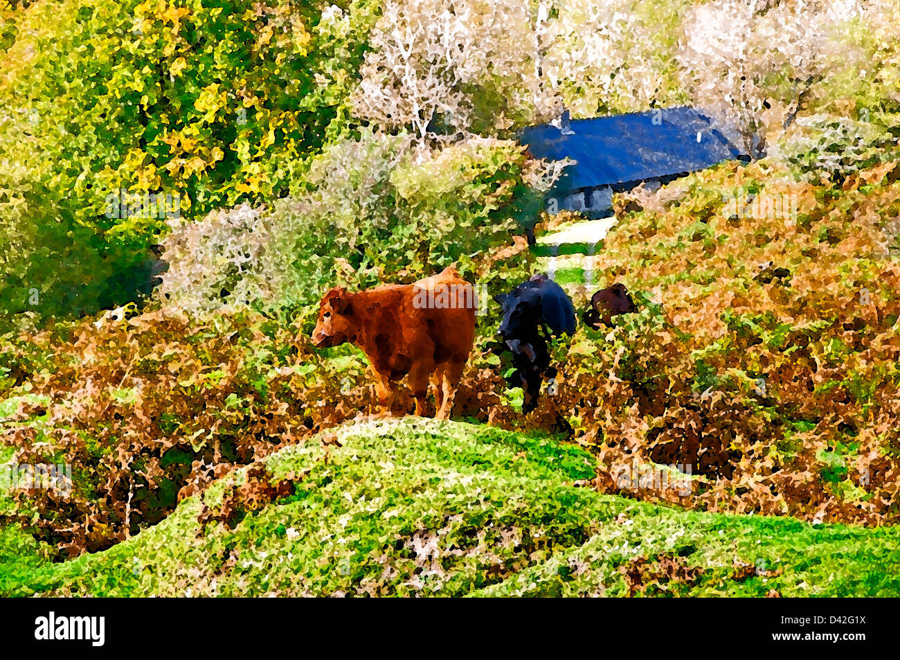 Herbst-Dartmoor Landschaft mit Kühen coming out zu grasen (digitale Ölgemälde-Effekt) Stockfoto