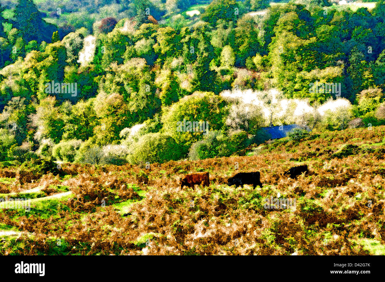 Herbst-Dartmoor Landschaft (digitale Ölgemälde-Effekt) Stockfoto