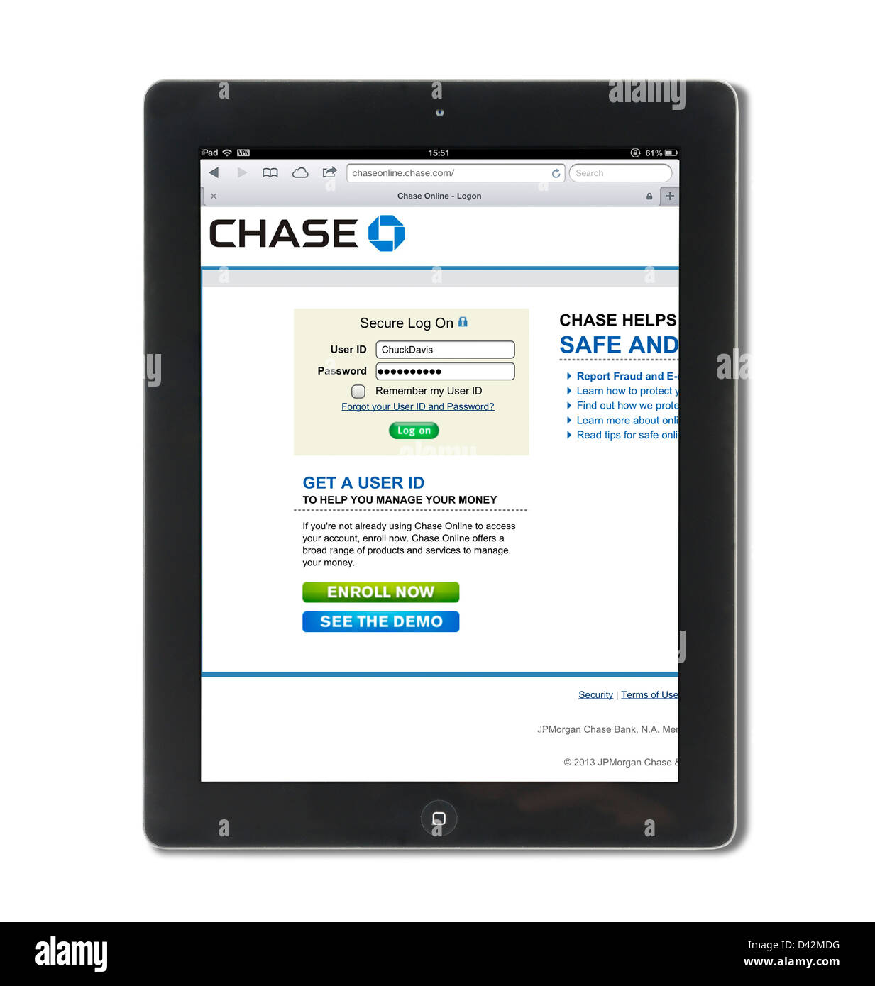 Anmeldung an ein Chase Bank-Konto auf einem iPad 4, USA Stockfoto