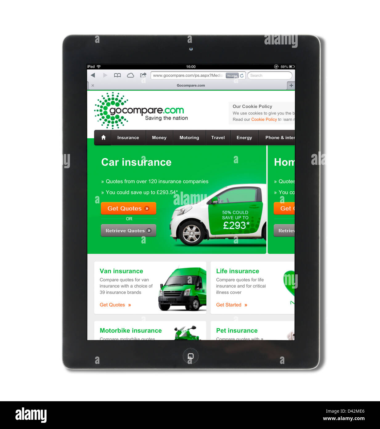 Der Versicherungsvergleich Webseite gocompare.com.com betrachtet auf einem iPad 4, UK Stockfoto