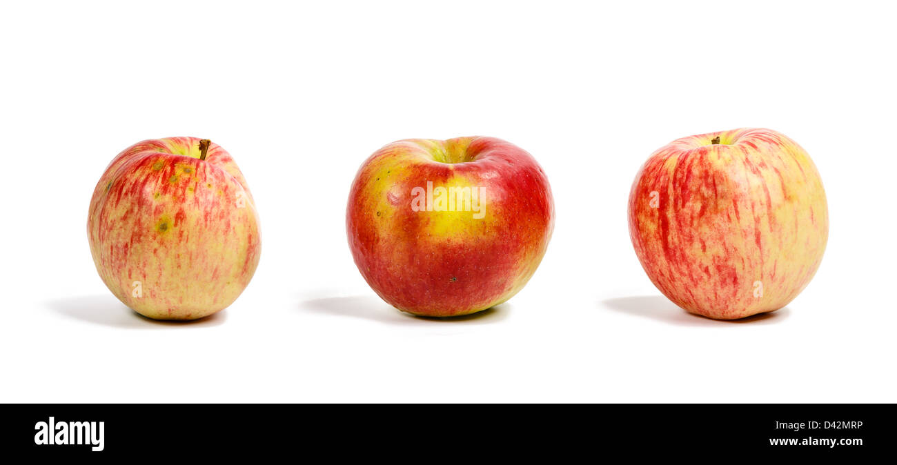 Drei reife Äpfel auf einem weißen Hintergrund Stockfoto