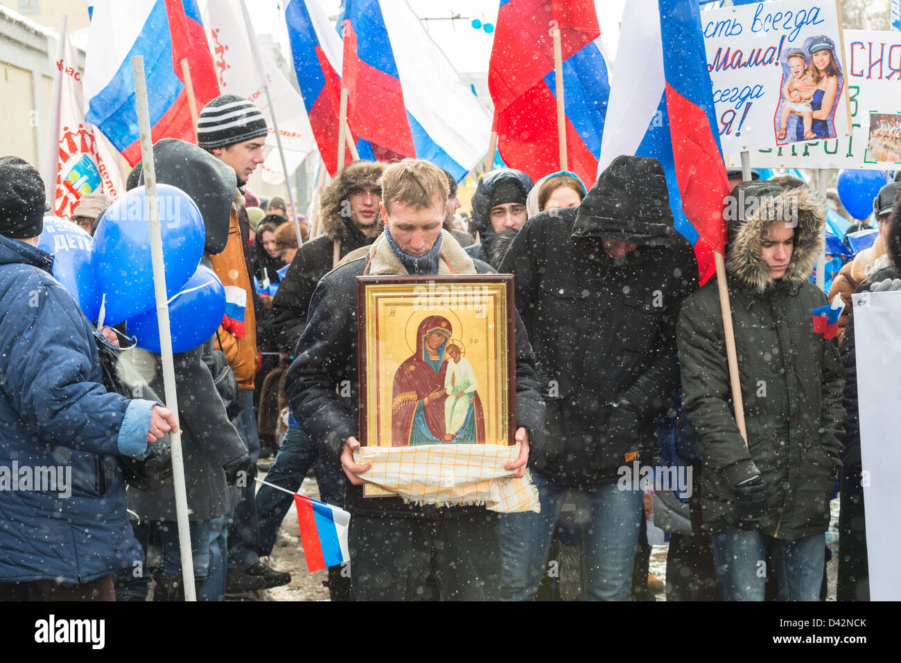 Russischen Demonstranten Rallye zur Unterstützung der US-Annahme-Verbot. Moskau, 2. März 2013 Stockfoto