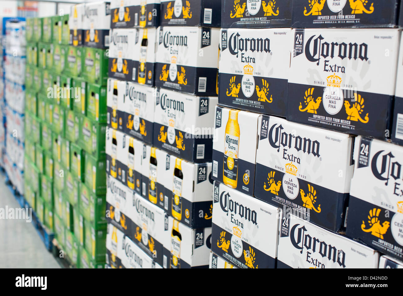 Corona-Bier auf dem Display an einem Costco Wholesale Warehouse Club. Stockfoto