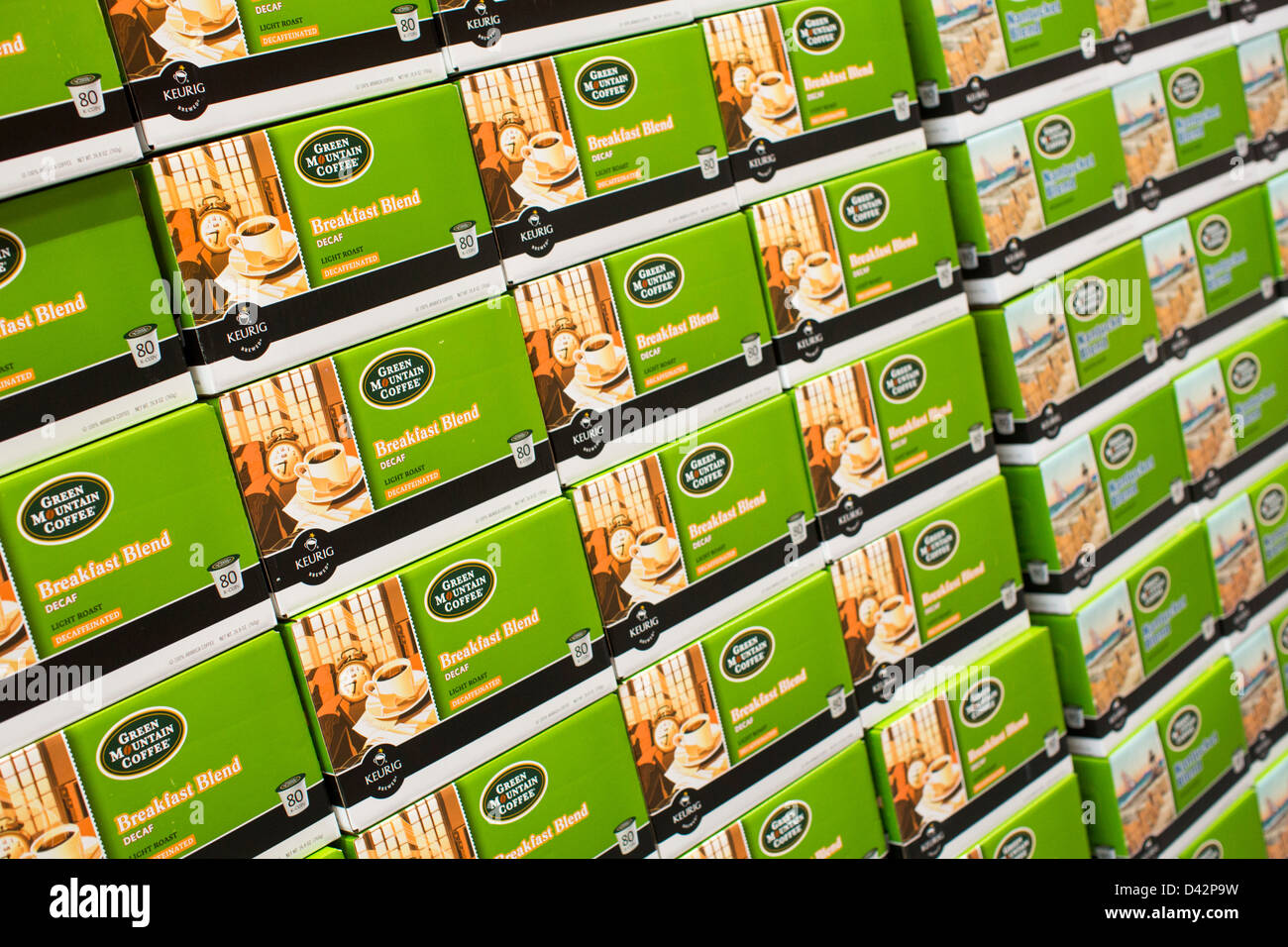 Green Mountain Coffee k-Cups auf dem Display an einem Costco Wholesale Warehouse Club. Stockfoto