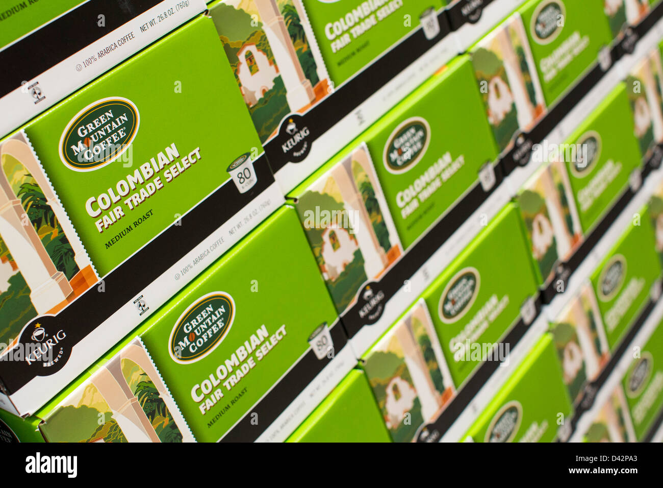 Green Mountain Coffee k-Cups auf dem Display an einem Costco Wholesale Warehouse Club. Stockfoto