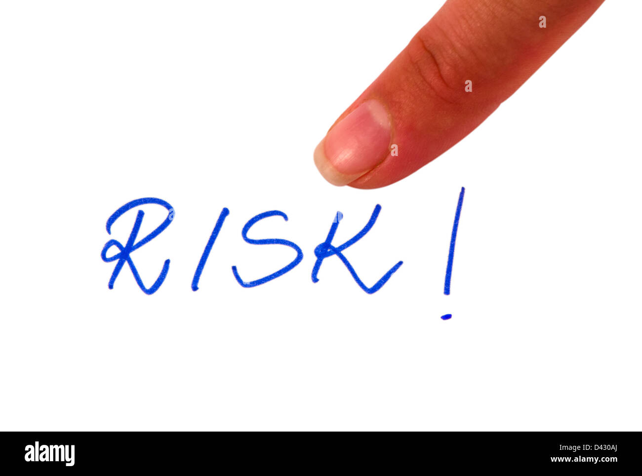 Wort-Risiko auf isolierten weißen Hintergrund und Finger zeigen Sinn Stockfoto