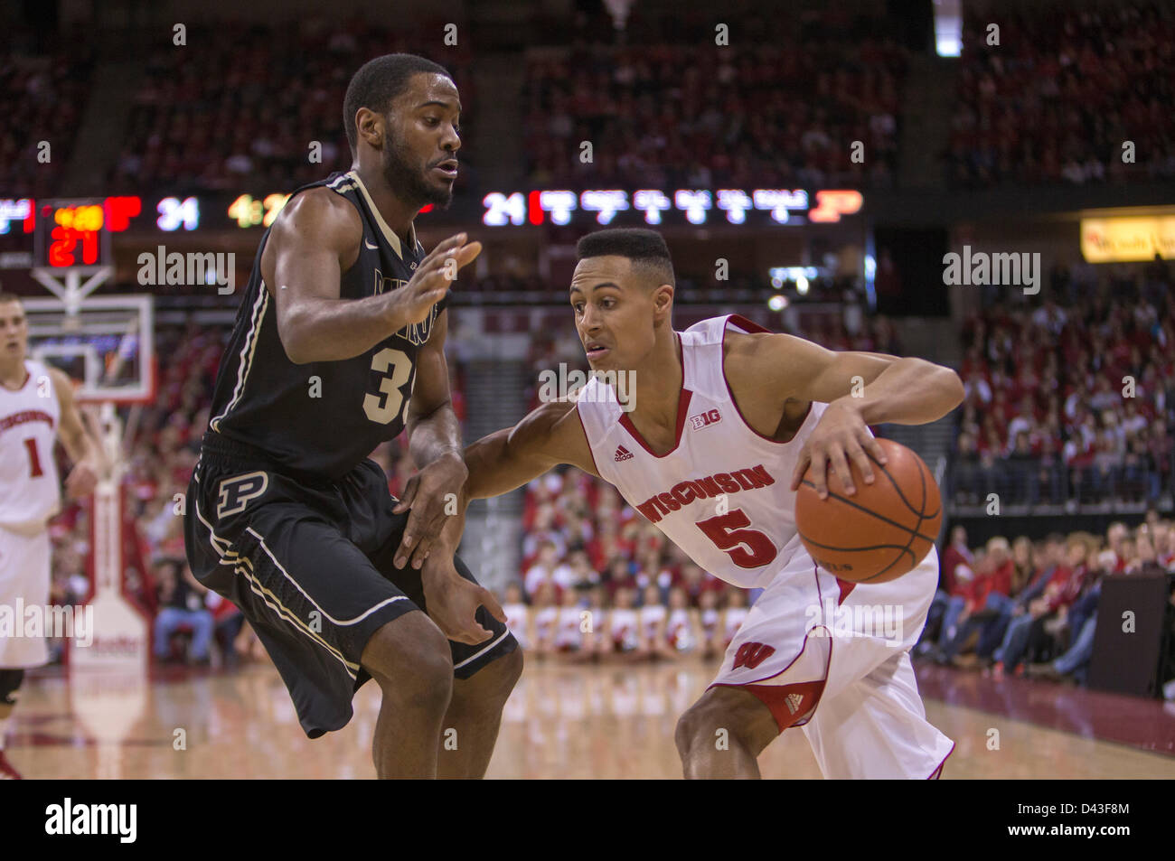 3. März 2013 - Madison, Wisconsin, Vereinigte Staaten von Amerika - 3. März 2013: Wisconsin vorwärts Ryan Evans #5 dribbelt Grundlinie während der ersten Hälfte Aktion. Purdue Boilermakers besiegte die Wisconsin Badgers 69-56 im Kohl Center in Madison, Wisconsin. John Fisher/CSM. Stockfoto