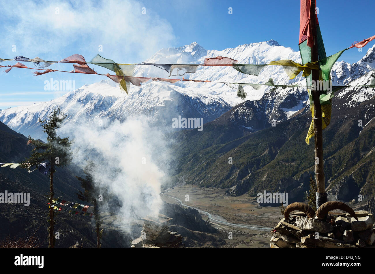 Annapurna Range und Marsyangdi River Valley von Tara Gomba, Manang, Annapurna Conservation Area, Gandaki, Pashchimanchal, Nepal Stockfoto