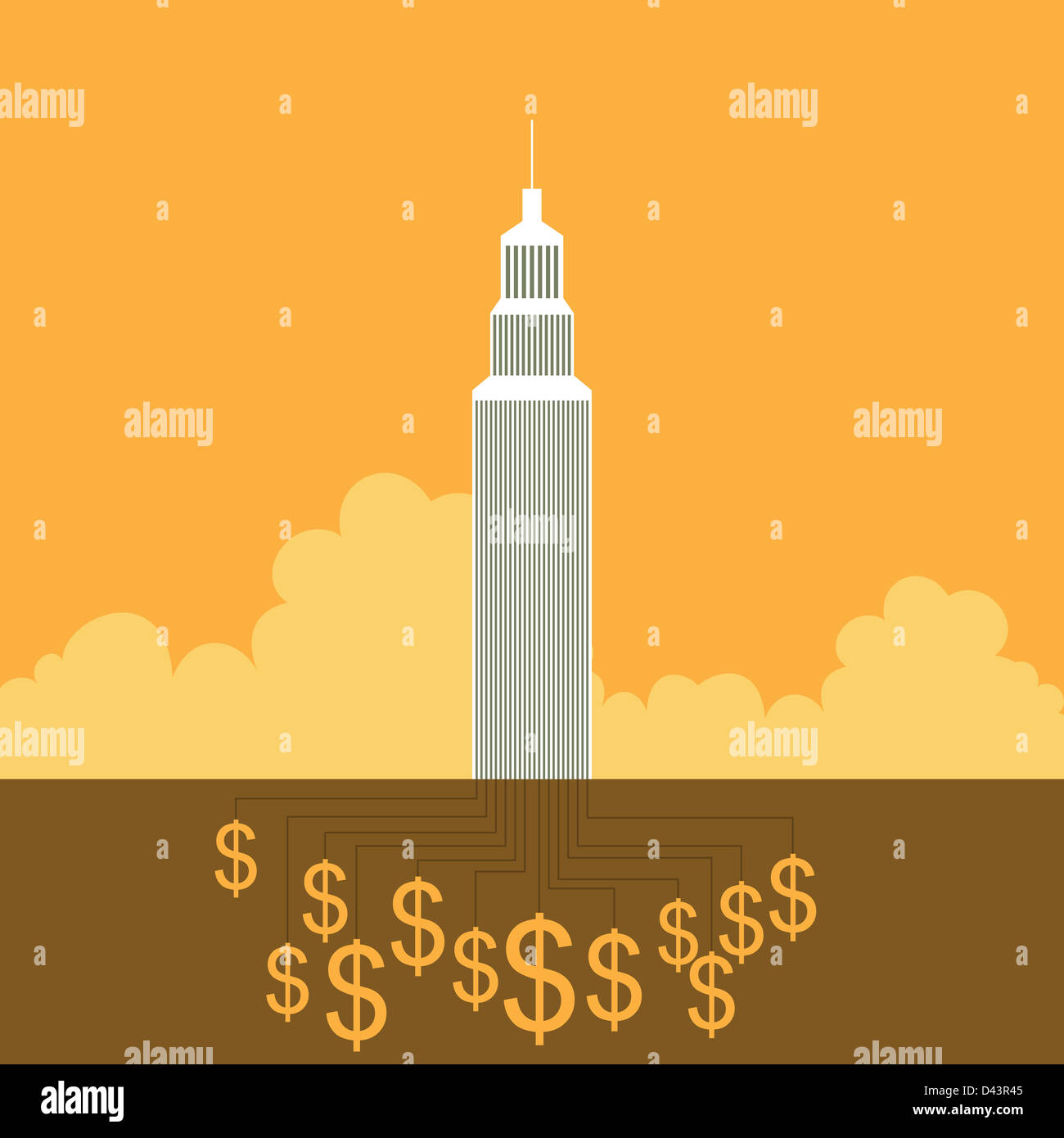 Vektor-Illustration ein Bürohochhaus mit Wurzeln der gold-Dollar-Symbole. Stockfoto