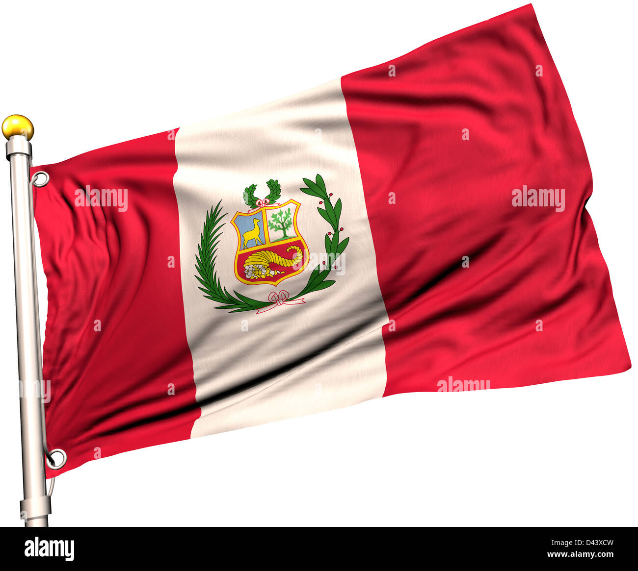 Peru-Flagge auf eine Fahnenstange. Clipping-Pfad enthalten. Sichtbar auf die Flagge 100 % Seide Textur. Stockfoto