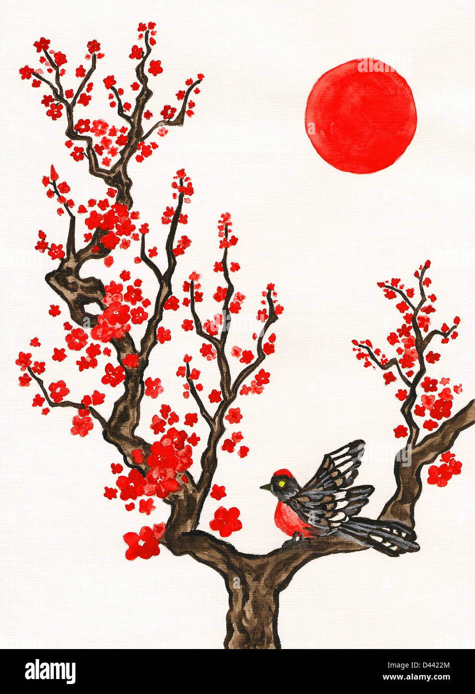 Vogel auf Zweig mit roten Blüten, von hand gemalte Bild in den Traditionen der alten chinesischen Kunst. Stockfoto