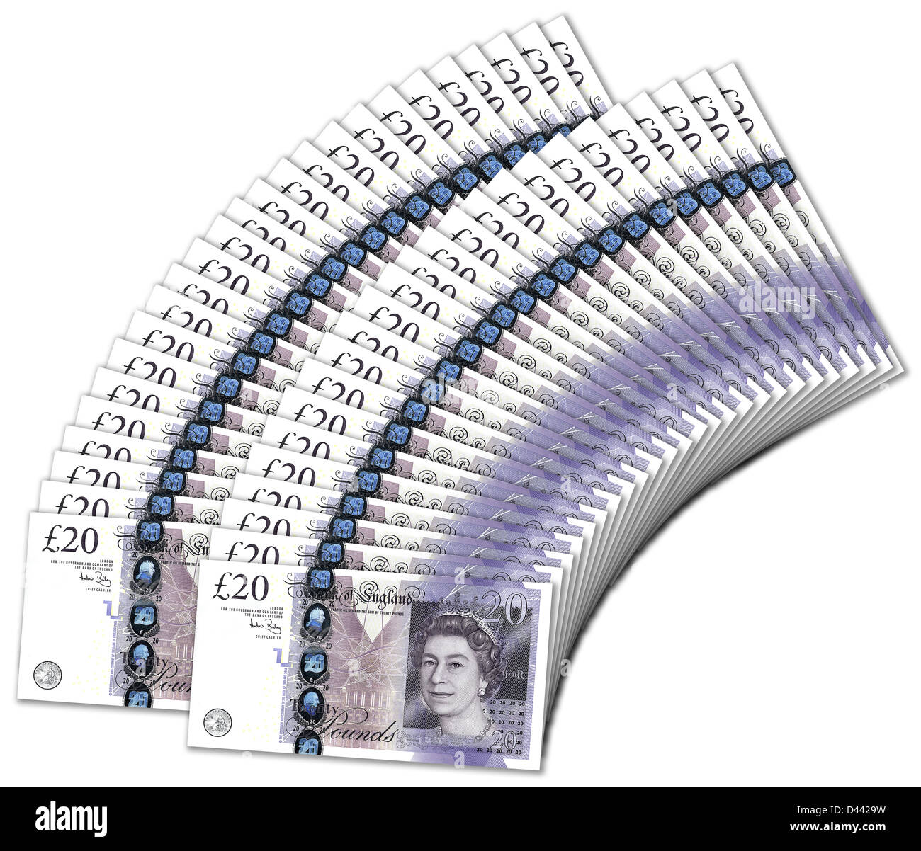 Zwanzig Pfund-Noten aufgefächert, Overlaping einander, in Höhe von insgesamt 1000 Pfund. Stockfoto