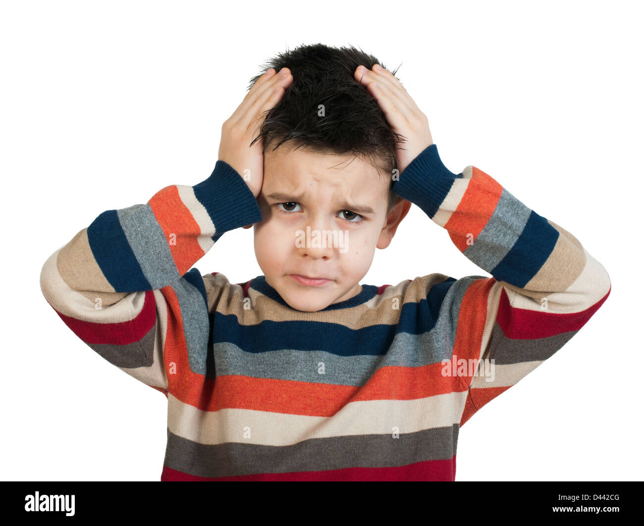 Kind haben Kopfschmerzen. Weiß isoliert Studioaufnahme Stockfoto