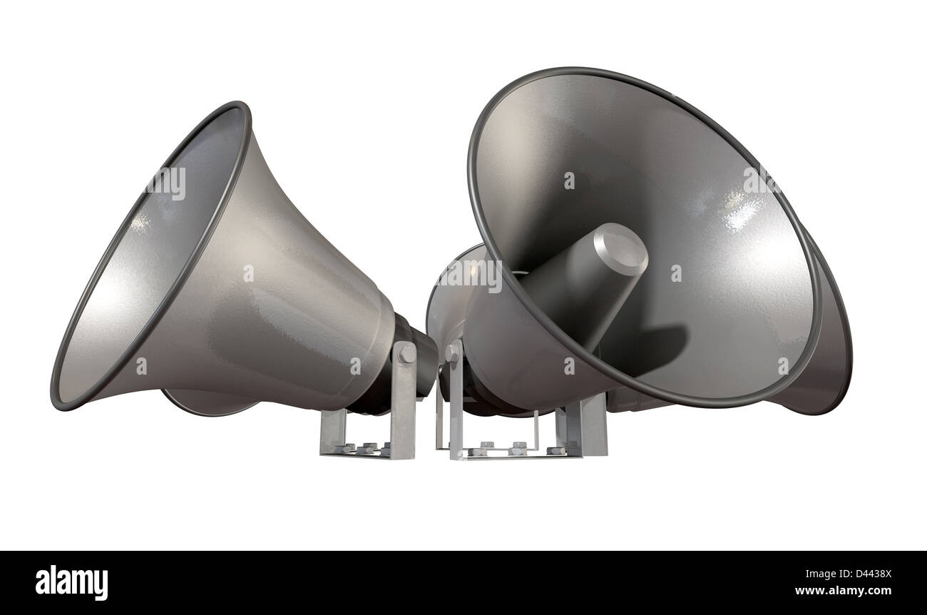 Ein Array von fünf Horn-Lautsprecher in einem Kreis nach außen auf eine isolierte Hintergrund Stockfoto