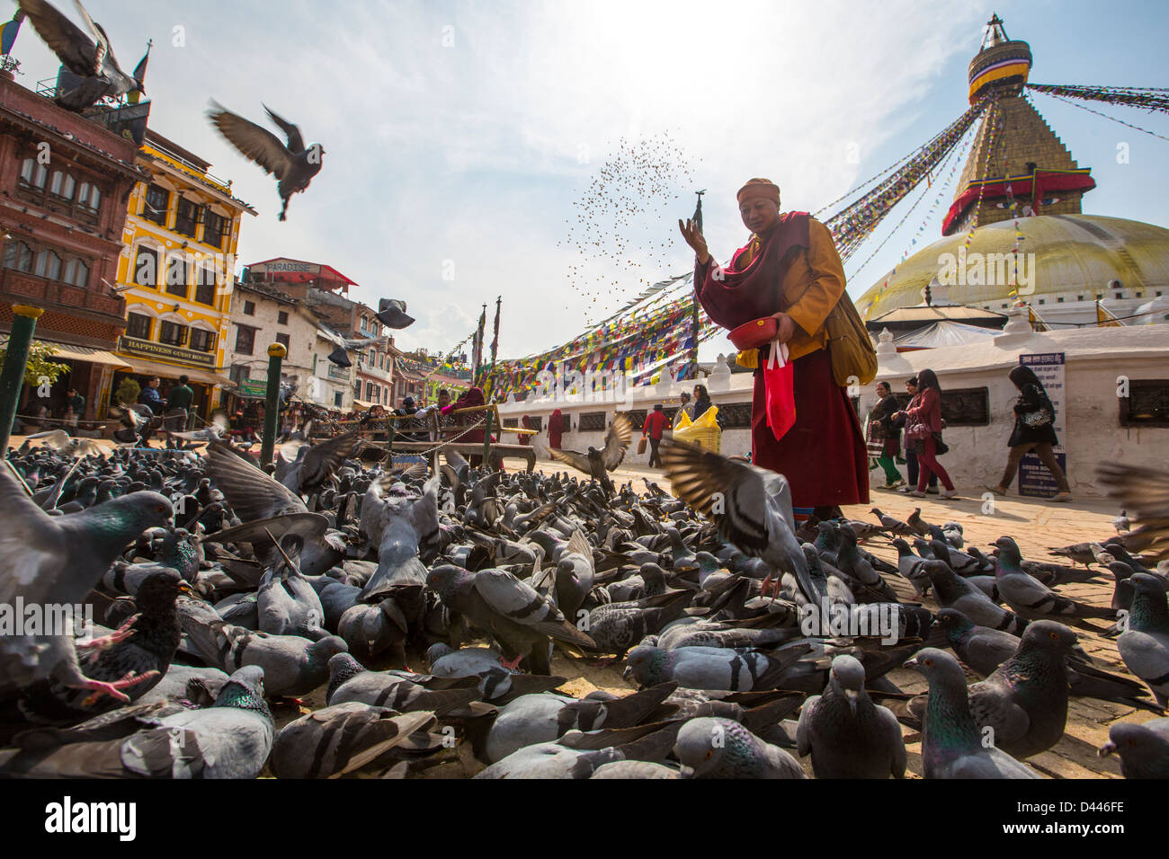 Mönch füttern Tauben, Boudhanath Stupa, Kathmandu, Nepal Stockfoto