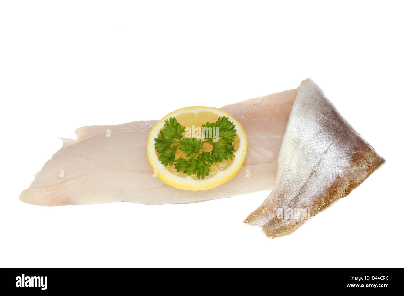 Rohe Pollock Fischfilet mit Zitrone und Petersilie isoliert gegen weiß Stockfoto