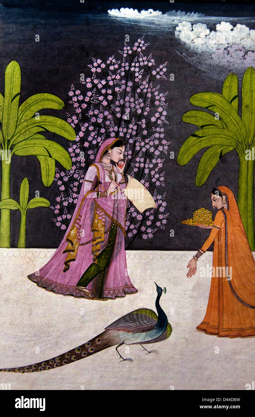 Dame mit einer Begleitperson und ein Pfau 1775 Pahari Kangra Indien Stockfoto