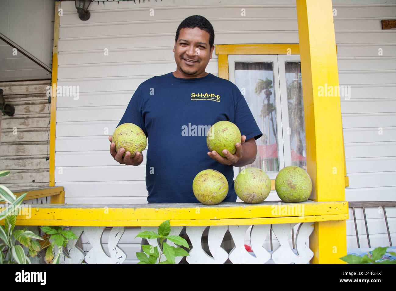 Panamaischer Mann lächelnd und halten große, grüne, gelbe exotische Früchte. Stockfoto