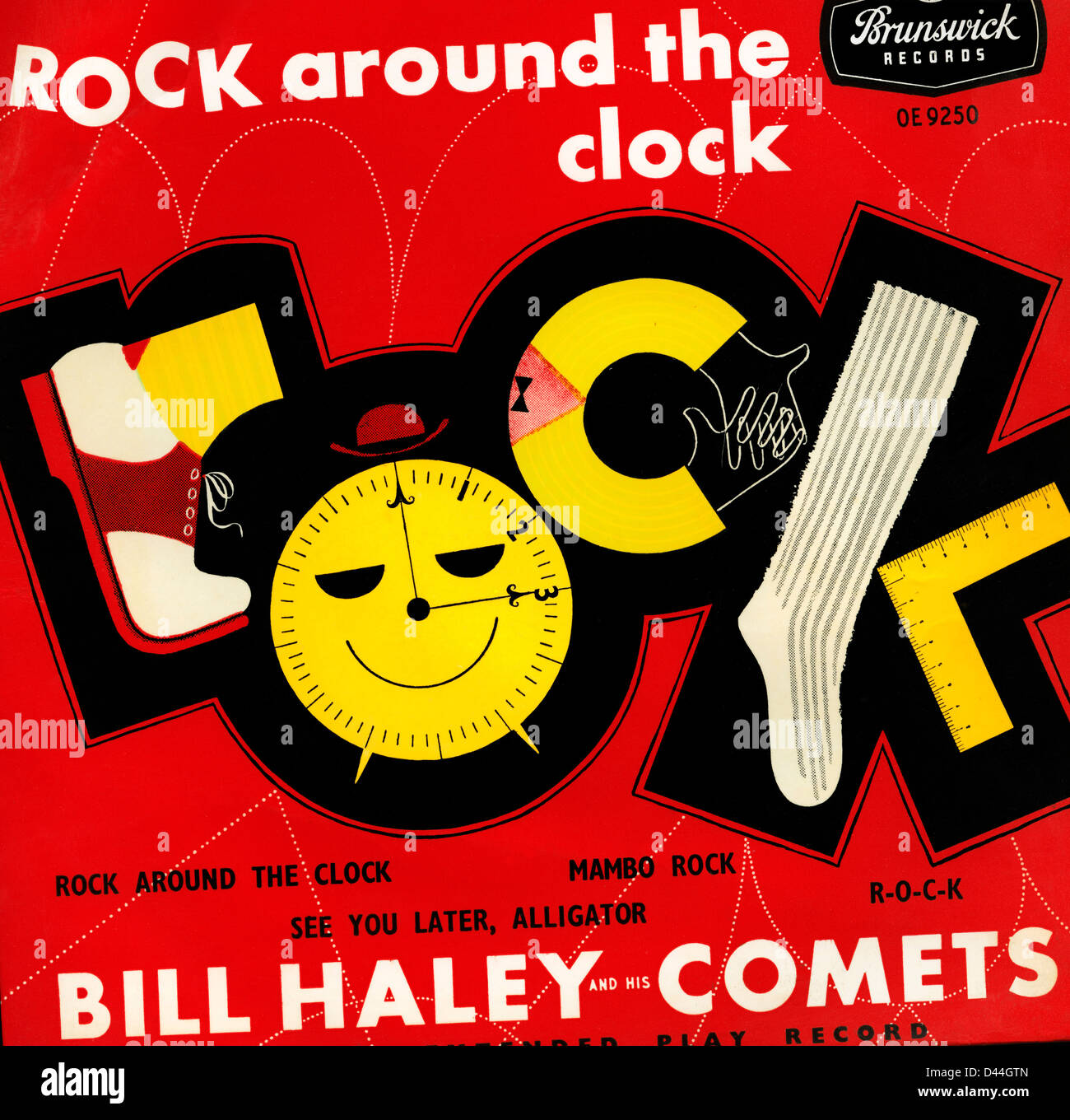 'Rock um 45 Uhr "rpm Album Cover für Nummer eins Hit Rock 1954 und Roll Songs von Bill Haley und die Kometen 'Rock Around The Clock" aufgenommen Stockfoto