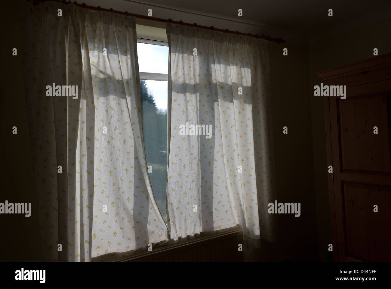 Migräne, dunkler Raum Angst vor Tageslicht dunklen geheimnisvollen Ort Spionage durch Vorhänge Stockfoto