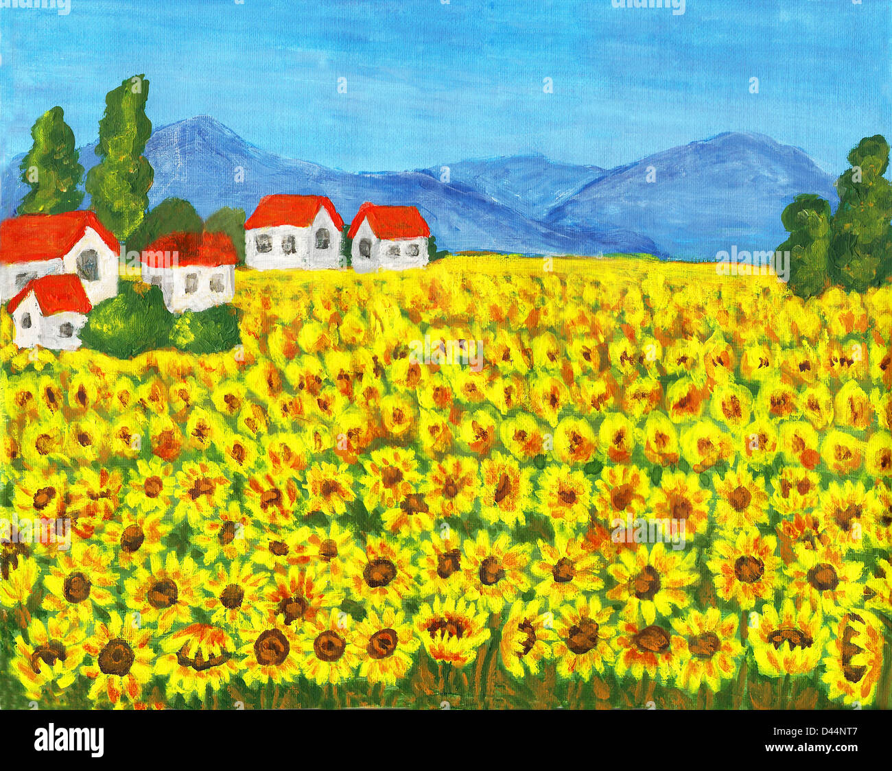 Handgemalte Bild, Acryl, Sommer Landschaft Feld mit Sonnenblumen. Stockfoto