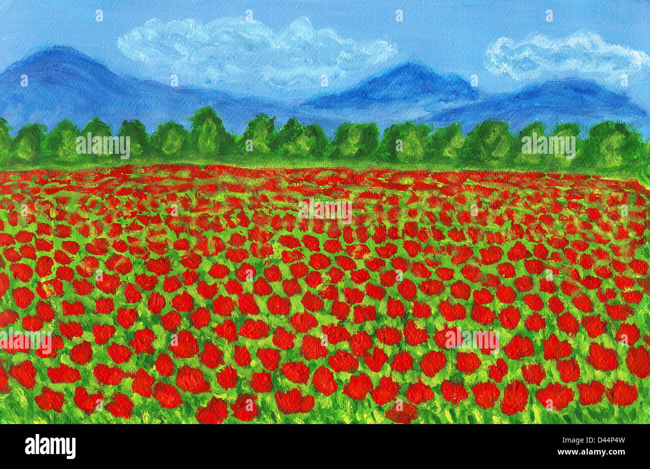 Wiese mit roten Mohnblumen-Landschaft, von hand gemalte Bild, Acryl. Stockfoto