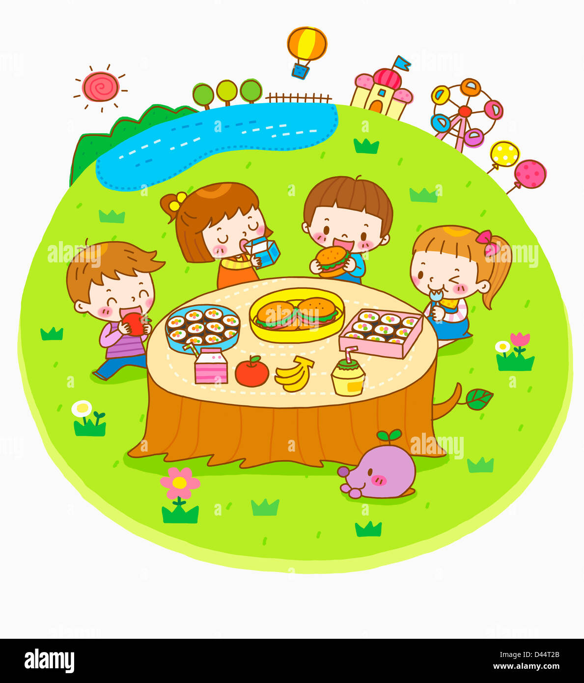 Illustration der Kinder beim Mittagessen im freien Stockfoto