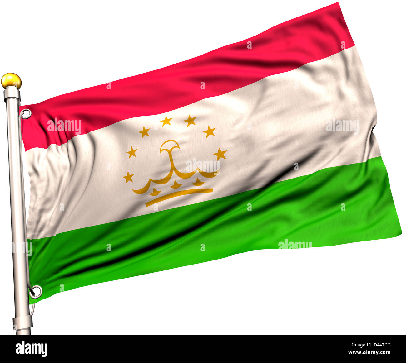 Tadschikistan Flagge auf eine Fahnenstange. Clipping-Pfad enthalten. Sichtbar auf die Flagge 100 % Seide Textur. Stockfoto