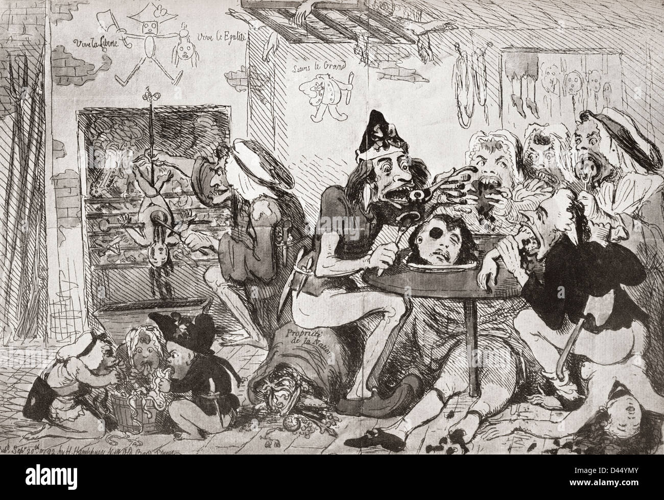 Englische Cartoon während der französischen Revolution.  Eine Familie von Sans Culottes erfrischend nach den Strapazen des Tages. Stockfoto