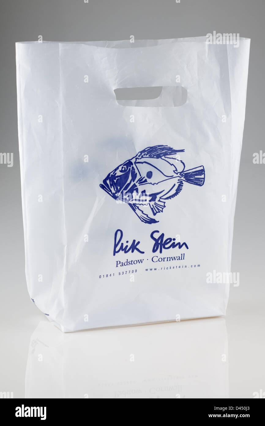 Praktische Tragetasche mit Website und Telefon für Rick Stein von Padstow in Cornwall England Stockfoto