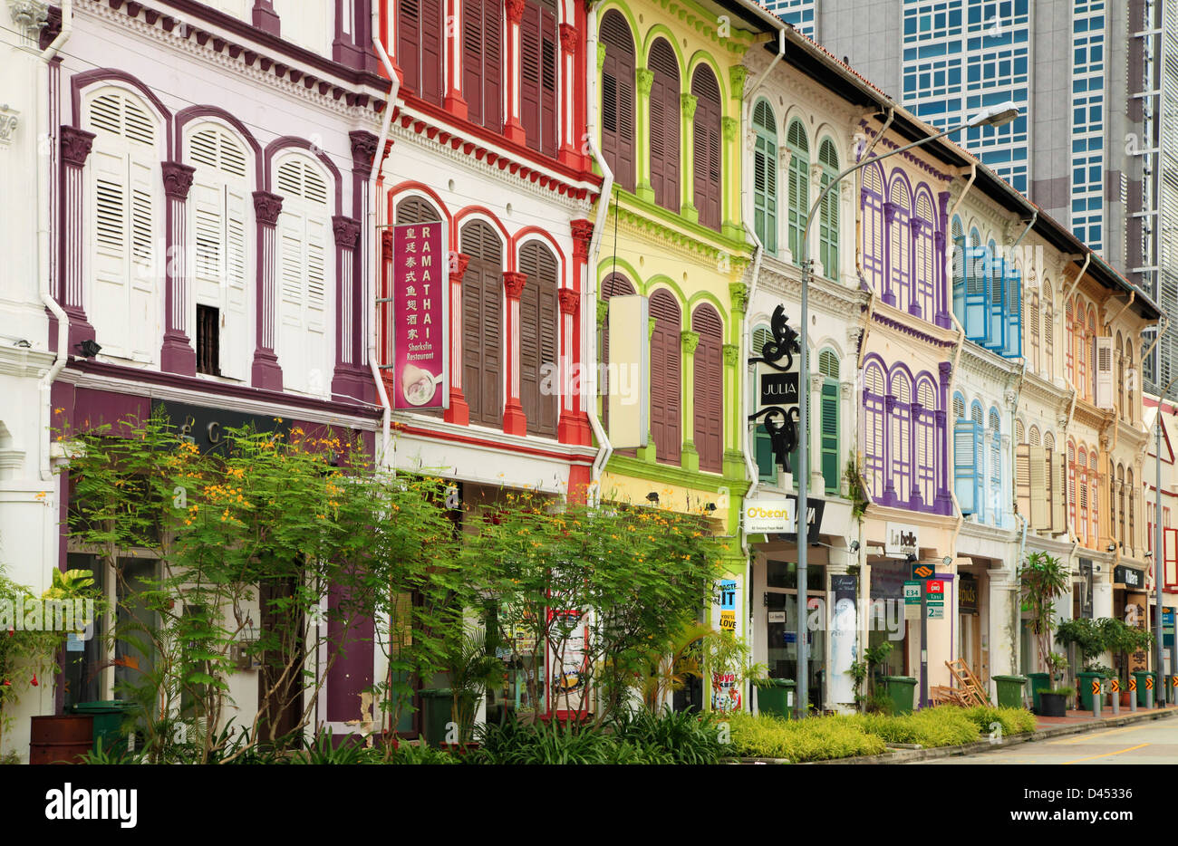 Singapur, Chinatown, Geschäftshäusern, Straßenszene, typische Architektur, Stockfoto