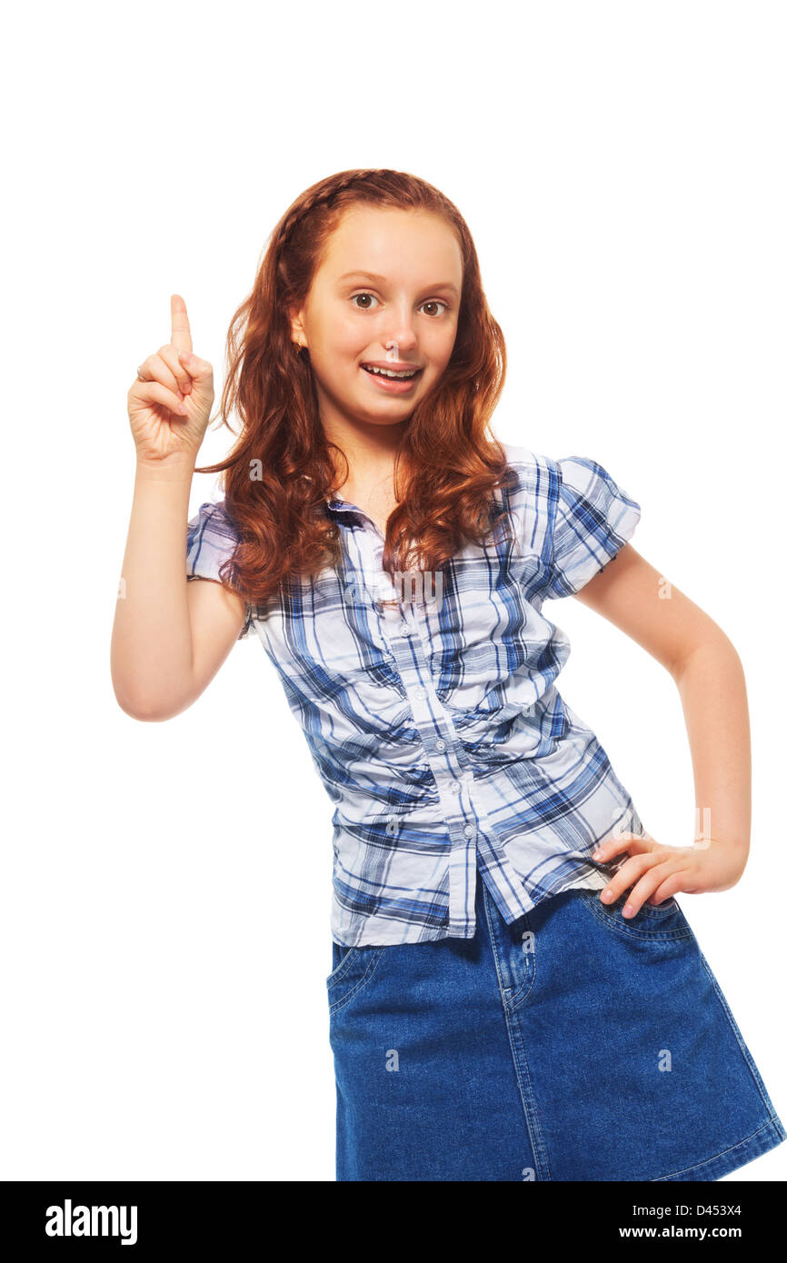 Porträt von glücklich, zeigt Finger Gesten haben und Idee, 12 Jahre altes Mädchen mit dem lockigen Haar, isoliert auf weiss Stockfoto