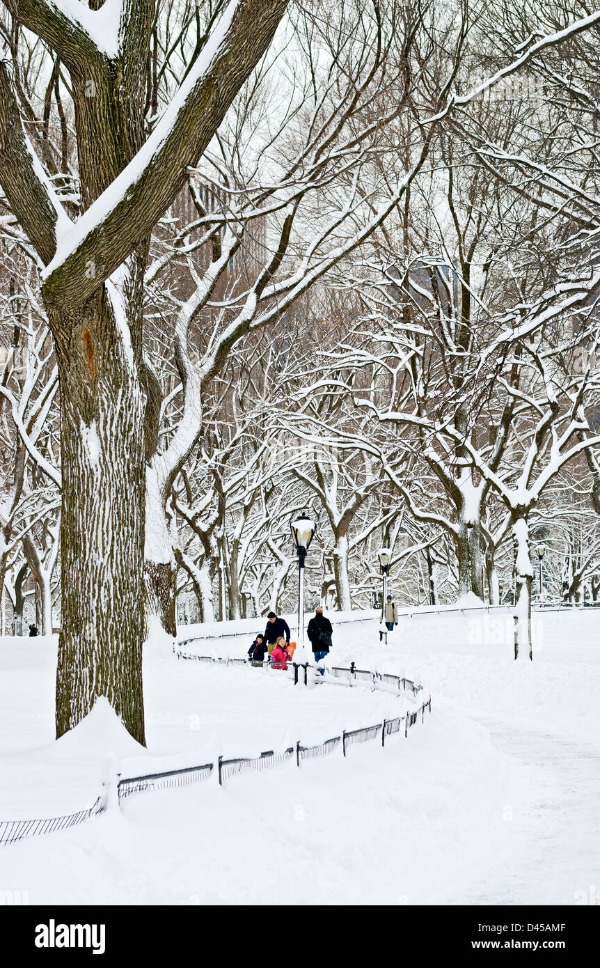 Central Park nach einem Schneesturm in der Nähe von The Mall, New York City. Stockfoto